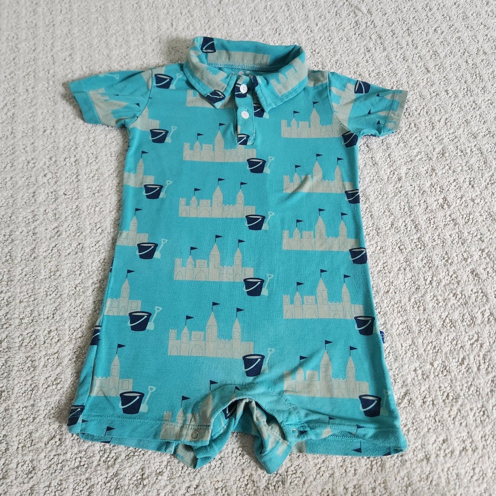 KicKee Pants Baby size 12-18M Sandcastle Bamboo‎ Blue Short Sleeve Romper